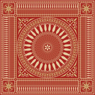 Kırmızı klasik Yunan kare süslemeli vektör altın. Antik Yunan ve Roma İmparatorluğu dikdörtgeni. Bizans duvarları, zemin ve tavan resimleri. Avrupa saraylarının dekorasyonu