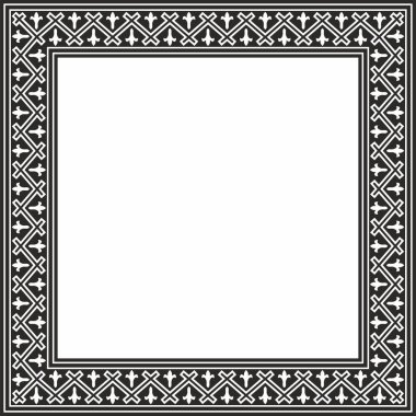 Vektör karesi Avrupa siyah monokrom süsü. Dikdörtgen desen, çember, Orta Çağ yüzüğü. Diriliş sınırı. Sarayların ve kiliselerin dekorasyonları