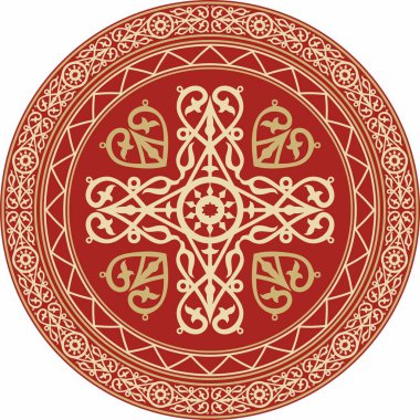 Vektör altın ve kırmızı Yakut süsü. Sonsuz çember, sınır, Uzakdoğu 'nun kuzeyindeki insanların çerçevesi.