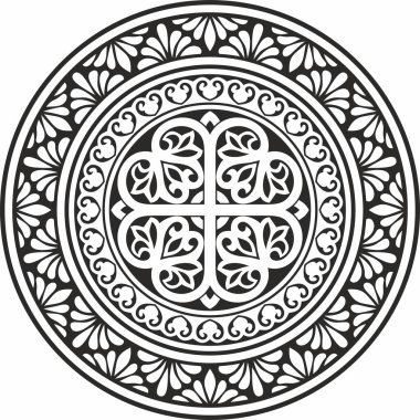 Siyah vektör monokrom şablon yuvarlak klasik Bizans süsü. Çember, halka, sınır, Antik Yunan, Doğu Roma İmparatorluğu çerçevesi. Rus Ortodoks Kilisesi Dekorasyonu