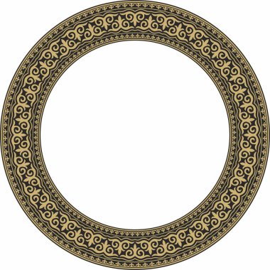 Siyah yuvarlak Kazak ulusal süsüsüyle taşıyıcı altın. Büyük Steppe 'deki insanların etnik kalıpları