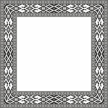 Vector black monokrom kare Belarus ulusal süs çerçevesi. Slav halkları, Rus, Ukraynalı, Sırp, Polonyalı, Bulgar etnik desenli dikdörtgen. Çapraz dikiş şablonu
