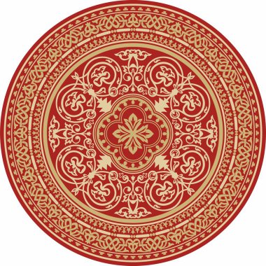 Kırmızı yuvarlak, klasik Bizans süslemeli vektör altın. Çember, halka, sınır, Antik Yunan, Doğu Roma İmparatorluğu çerçevesi. Rus Ortodoks Kilisesi Dekorasyonu