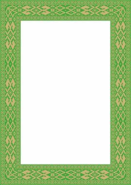 Vektör yeşil altın kare Belarus ulusal süs çerçevesi. Slav halkları, Rus, Ukraynalı, Sırp, Polonyalı, Bulgar etnik desenli dikdörtgen. Çapraz dikiş şablonu