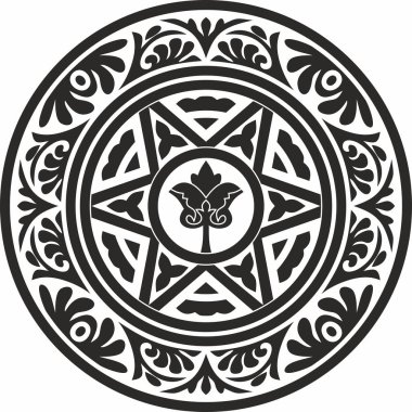 Siyah vektör monokrom şablon yuvarlak klasik Bizans süsü. Çember, halka, sınır, Antik Yunan, Doğu Roma İmparatorluğu çerçevesi. Rus Ortodoks Kilisesi Dekorasyonu