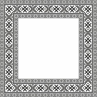 Vector black monokrom kare Belarus ulusal süs çerçevesi. Slav halkları, Rus, Ukraynalı, Sırp, Polonyalı, Bulgar etnik desenli dikdörtgen. Çapraz dikiş şablonu