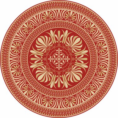 Kırmızı klasik Yunan yuvarlak süsü olan vektör altın. Antik Yunan ve Roma İmparatorluğu Çemberi. Bizans duvarları, zemin ve tavan resimleri. Avrupa saraylarının dekorasyonu