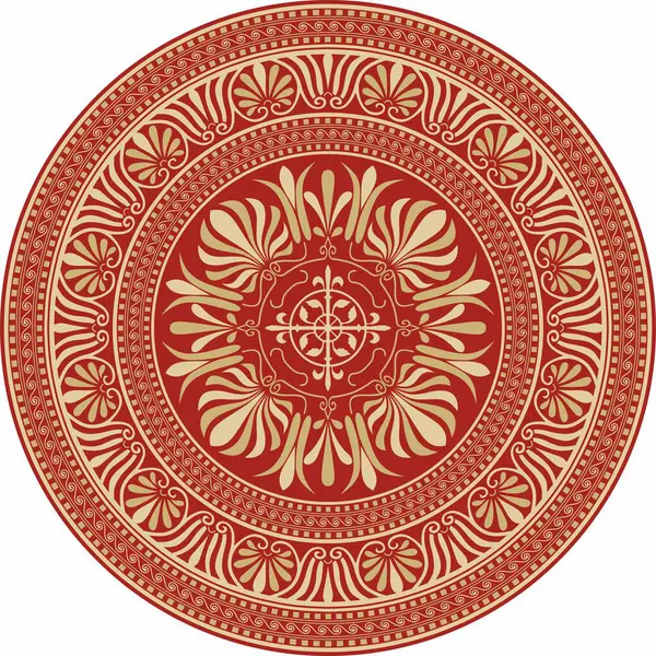 Kırmızı klasik Yunan yuvarlak süsü olan vektör altın. Antik Yunan ve Roma İmparatorluğu Çemberi. Bizans duvarları, zemin ve tavan resimleri. Avrupa saraylarının dekorasyonu