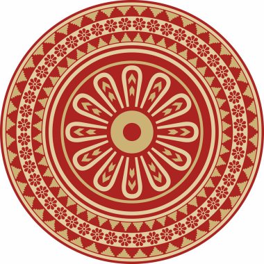 Kırmızı süslemeli Asurlu vektör yuvarlak altın. Çember, sınır, Mezopatamya çerçevesi. Şablon, kadim doğunun yüzüğü.