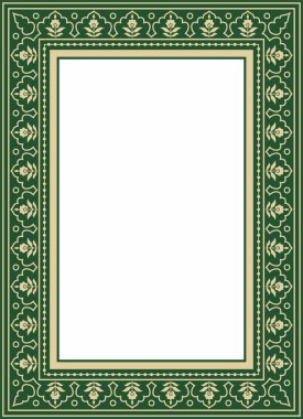 Yeşil kare Türk ulusal süsü olan vektör altın. Osmanlı sınırı, çerçeve. Etnik çiçek dikdörtgeni, Seljuk Türkleri deseni. Sultan 'ın sarayının dekorasyonu.