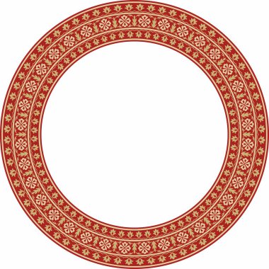 Kırmızı yuvarlak Türk milli süsü olan vektör altın. Osmanlı sınırı, çerçeve. Etnik çiçek çemberi, halka, Seljuk Türkleri deseni. Sultan 'ın sarayının dekorasyonu.