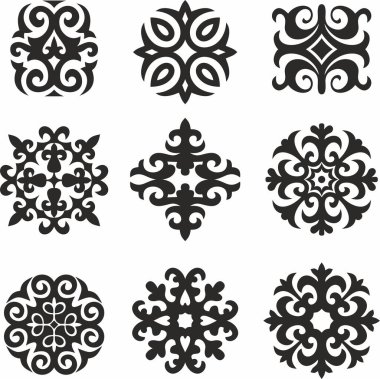 Siyahi tek renkli Kazak ulusal süsü. Büyük Steppe 'deki insanların etnik kalıpları,