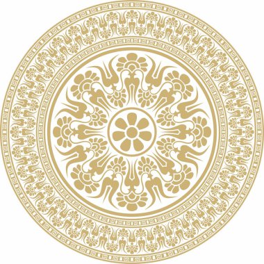 Vektör altın klasik Yunan yuvarlak süsü. Antik Yunan ve Roma İmparatorluğu Çemberi. Bizans duvarları, zemin ve tavan resimleri. Avrupa saraylarının dekorasyonu