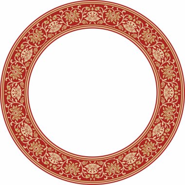 Kırmızı yuvarlak Türk milli süsü olan vektör altın. Osmanlı sınırı, çerçeve. Etnik çiçek çemberi, halka, Seljuk Türkleri deseni. Sultan 'ın sarayının dekorasyonu.