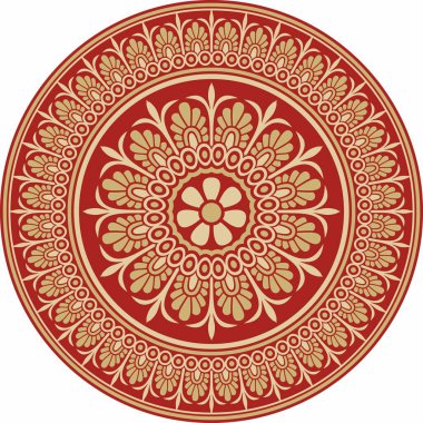 Kırmızı klasik Yunan yuvarlak süsü olan vektör altın. Antik Yunan ve Roma İmparatorluğu Çemberi. Bizans duvarları, zemin ve tavan resimleri. Avrupa saraylarının dekorasyonu