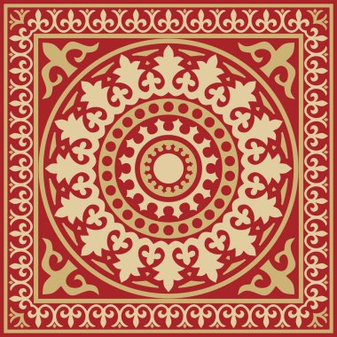 Vektör altın ve kırmızı kare klasik Bizans süsü. Dikdörtgen, sınır, Antik Yunan, Doğu Roma İmparatorluğu çerçevesi. Rus Ortodoks Kilisesi Dekorasyonu