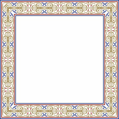 Vektör karesi Avrupa renkli süs. Dikdörtgen desen, çember, Orta Çağ yüzüğü. Diriliş sınırı. Sarayların ve kiliselerin dekorasyonları