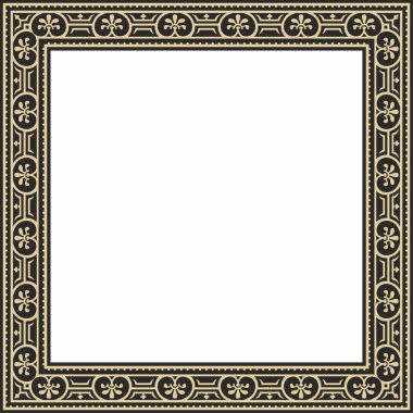 Siyah kenarlı, çerçeve, Pompei 'li vektör kare altın. Dikdörtgen Neopolitan süsü. Antik Roma Sanatı. Boyalı cam şablonu
