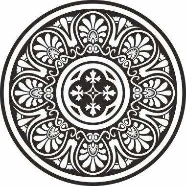 Siyah vektör monokrom klasik Yunan yuvarlak süsü. Antik Yunan ve Roma İmparatorluğu Çemberi. Bizans duvarları, zemin ve tavan resimleri. Avrupa saraylarının dekorasyonu