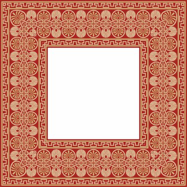 Kırmızı klasik Yunan kare süslemeli vektör altın. Antik Yunan ve Roma İmparatorluğu dikdörtgeni. Bizans duvarları, zemin ve tavan resimleri. Avrupa saraylarının dekorasyonu