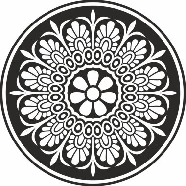 Siyah vektör monokrom klasik Yunan yuvarlak süsü. Antik Yunan ve Roma İmparatorluğu Çemberi. Bizans duvarları, zemin ve tavan resimleri. Avrupa saraylarının dekorasyonu