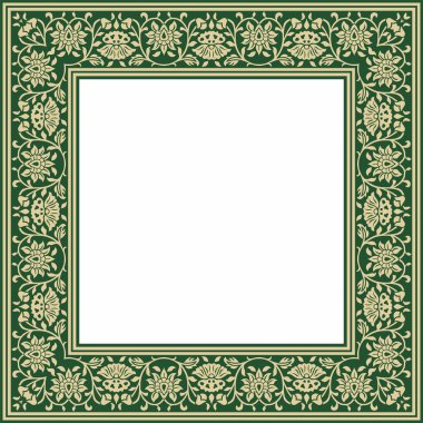 Yeşil kare Türk ulusal süsü olan vektör altın. Osmanlı sınırı, çerçeve. Etnik çiçek dikdörtgeni, Seljuk Türkleri deseni. Sultan 'ın sarayının dekorasyonu.
