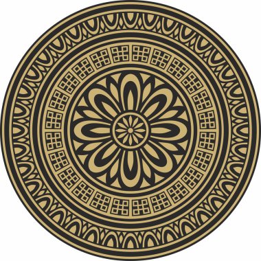 Klasik Yunan siyah ve altın yuvarlak süsü. Vektör deseni, Antik Yunan çemberi. Avrupa sınırı - halka