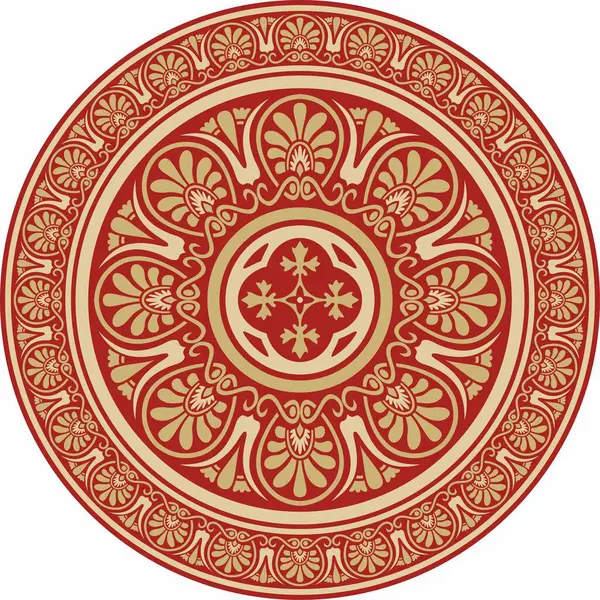 Kırmızı klasik Yunan yuvarlak süsü olan vektör altın. Antik Yunan ve Roma İmparatorluğu Çemberi. Bizans duvarları, zemin ve tavan resimleri. Avrupa saraylarının dekorasyonu