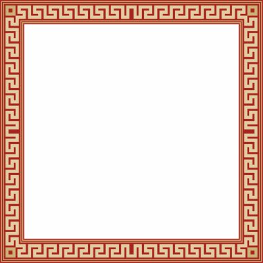 Kırmızı klasik Yunan kare süslemeli vektör altın. Antik Yunan ve Roma İmparatorluğu dikdörtgeni. Bizans duvarları, zemin ve tavan resimleri. Avrupa saraylarının dekorasyonu