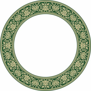 Yeşil yuvarlak Türk ulusal süsü olan vektör altın. Osmanlı sınırı, çerçeve. Etnik çiçek çemberi, halka, Seljuk Türkleri deseni. Sultan 'ın sarayının dekorasyonu.