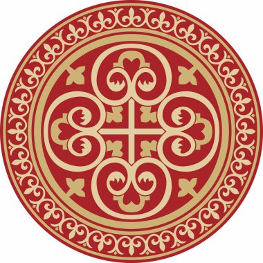 Kırmızı yuvarlak, klasik Bizans süslemeli vektör altın. Çember, halka, sınır, Antik Yunan, Doğu Roma İmparatorluğu çerçevesi. Rus Ortodoks Kilisesi Dekorasyonu