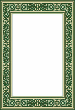 Yeşil kare Türk ulusal süsü olan vektör altın. Osmanlı sınırı, çerçeve. Etnik çiçek dikdörtgeni, Seljuk Türkleri deseni. Sultan 'ın sarayının dekorasyonu.