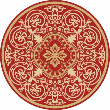 Kırmızı yuvarlak, klasik Bizans süslemeli vektör altın. Çember, halka, sınır, Antik Yunan, Doğu Roma İmparatorluğu çerçevesi. Rus Ortodoks Kilisesi Dekorasyonu