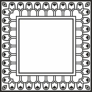 Vektör karesi Asur siyah tek renkli süsü. Dikdörtgen, sınır, Mezopatamya çerçevesi. Antik Doğu 'nun düzeni