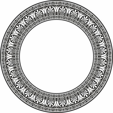 Siyah vektör monokrom klasik Yunan yuvarlak süsü. Antik Yunan ve Roma İmparatorluğu Çemberi. Bizans duvarları, zemin ve tavan resimleri. Avrupa saraylarının dekorasyonu