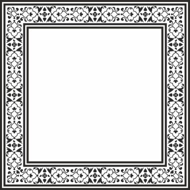 Vector monokrom siyah kare Türk ulusal süsü. Osmanlı sınırı, çerçeve. Etnik çiçek dikdörtgeni, Seljuk Türkleri deseni. Sultan 'ın sarayının dekorasyonu.