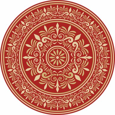 Klasik Yunan kırmızı ve altın yuvarlak süsü. Vektör deseni, Antik Yunan çemberi. Avrupa sınırı - halka