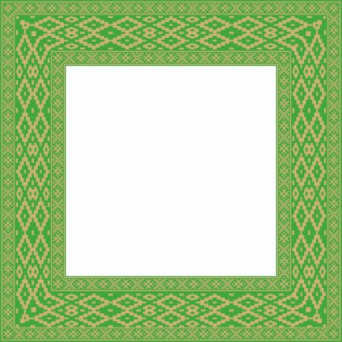 Vektör yeşil altın kare Belarus ulusal süs çerçevesi. Slav halkları, Rus, Ukraynalı, Sırp, Polonyalı, Bulgar etnik desenli dikdörtgen. Çapraz dikiş şablonu