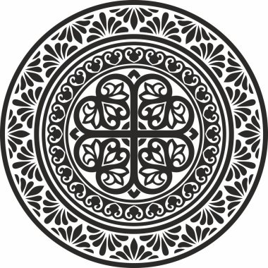 Siyah vektör monokrom şablon yuvarlak klasik Bizans süsü. Çember, halka, sınır, Antik Yunan, Doğu Roma İmparatorluğu çerçevesi. Rus Ortodoks Kilisesi Dekorasyonu