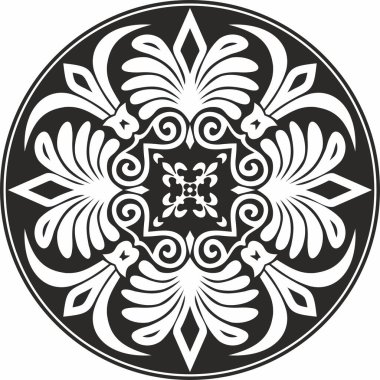 Siyah vektör monokrom klasik Yunan yuvarlak süsü. Antik Yunan ve Roma İmparatorluğu Çemberi. Bizans duvarları, zemin ve tavan resimleri. Avrupa saraylarının dekorasyonu