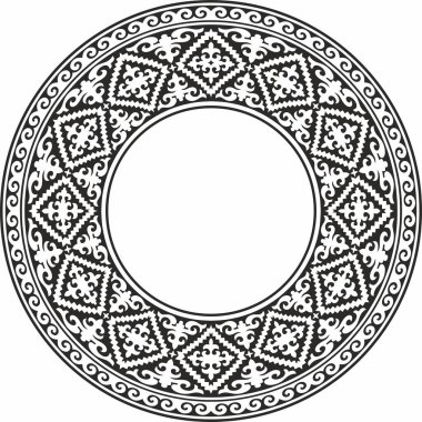 Kazak ulusal süsü etrafında siyah tek renkli taşıyıcı. Büyük Steppe, Moğollar, Kırgız, Kalmykler, Buryatlar 'daki insanların etnik kalıpları. daire, çerçeve kenarı