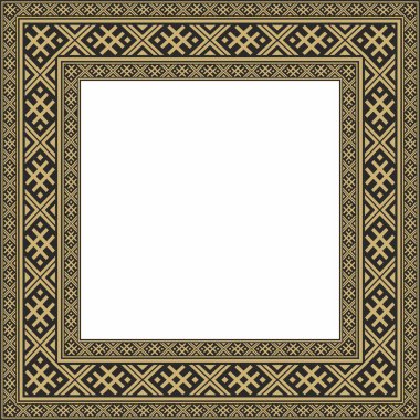Vektör altın ve siyah kare Belarus ulusal süs çerçevesi. Slav halkları, Rus, Ukraynalı, Sırp, Polonyalı, Bulgar etnik desenli dikdörtgen. Çapraz dikiş şablonu