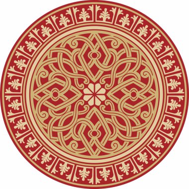 Kırmızı yuvarlak, klasik Bizans süslemeli vektör altın. Çember, halka, sınır, Antik Yunan, Doğu Roma İmparatorluğu çerçevesi. Rus Ortodoks Kilisesi Dekorasyonu