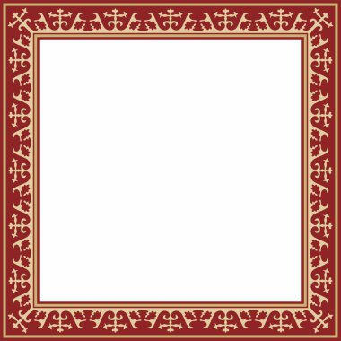 Altın Meydanı Kazak ulusal süsüsüyle kırmızı vektör. Büyük Steppe, Moğollar, Kırgız, Kalmykler, Buryatlar 'daki insanların etnik kalıpları. Kare çerçeve kenarı