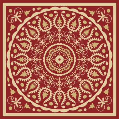 Kırmızı kare süslemeli Vektör Özbek Altın. Türk dikdörtgeni, çerçeve. Orta Asi 'nin Kültür Mirası