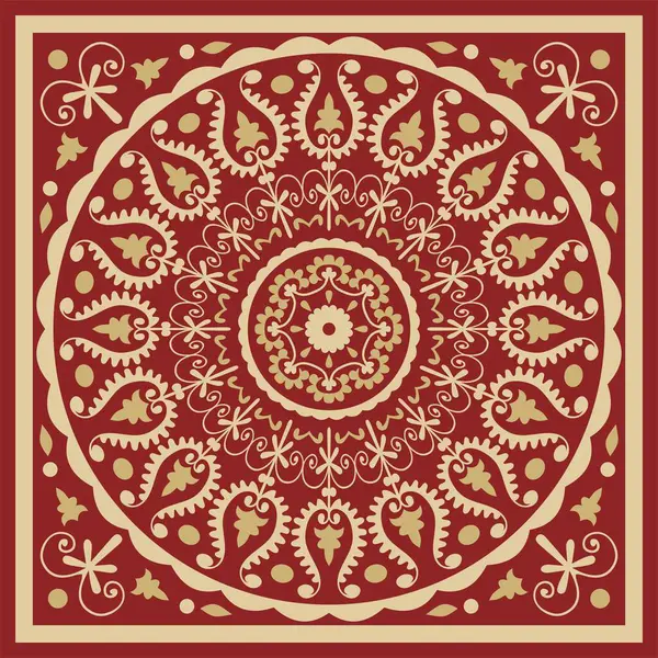 Kırmızı kare süslemeli Vektör Özbek Altın. Türk dikdörtgeni, çerçeve. Orta Asi 'nin Kültür Mirası