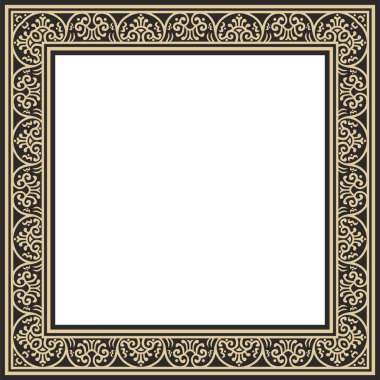 Siyah kenarlı, çerçeve, Pompei 'li vektör kare altın. Dikdörtgen Neopolitan süsü. Antik Roma Sanatı. Boyalı cam şablonu
