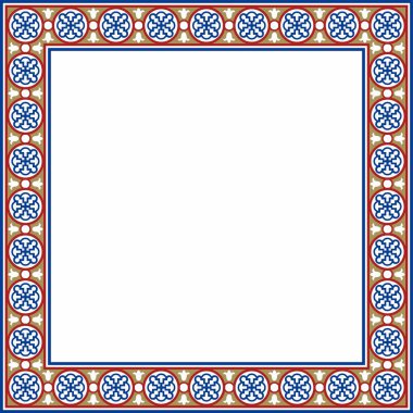 Vektör karesi Avrupa renkli süs. Dikdörtgen desen, çember, Orta Çağ yüzüğü. Diriliş sınırı. Sarayların ve kiliselerin dekorasyonları