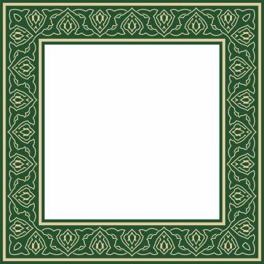 Yeşil kare Türk ulusal süsü olan vektör altın. Osmanlı sınırı, çerçeve. Etnik çiçek dikdörtgeni, Seljuk Türkleri deseni. Sultan 'ın sarayının dekorasyonu.