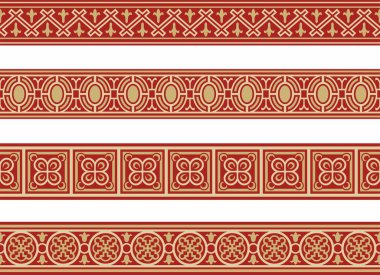 Vektör kusursuz Avrupa altını ve kırmızı süs. Sonsuz süs, meditasyon. Rönesans sınırı. Sarayların ve kiliselerin dekorasyonları